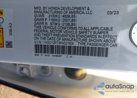 2023 Honda Accord Hybrid Sport-L z USA, uszkodzony, nr VIN 1HGCY2F73PA021906